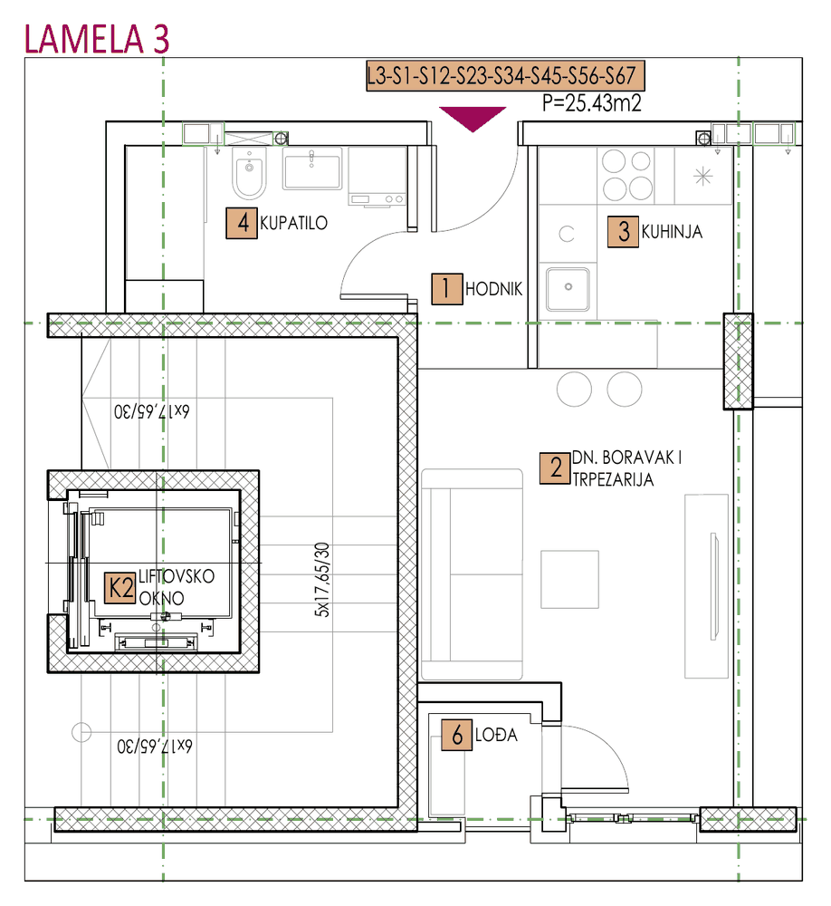 Tlocrt stana, objekat Elena, Lamela 3, tip 1, 25,43 m²