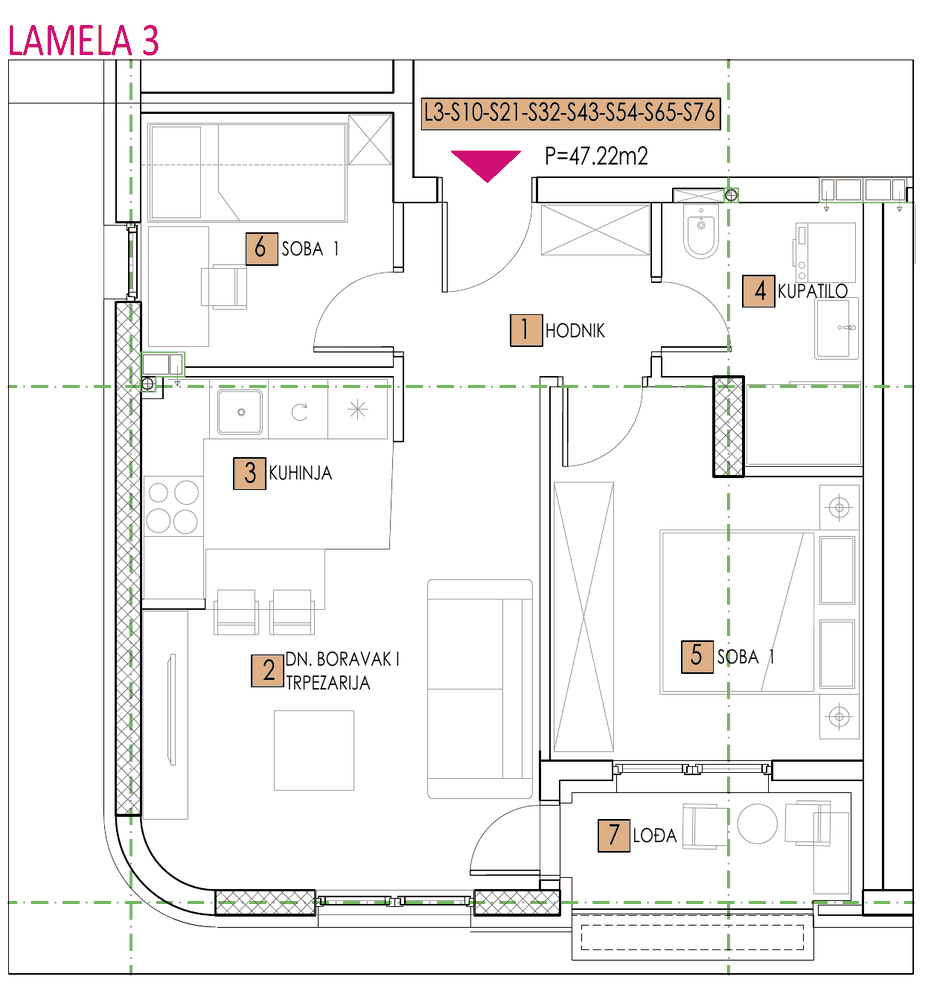 Tlocrt stana, objekat Elena, Lamela 3, tip 10, 47,23 m²