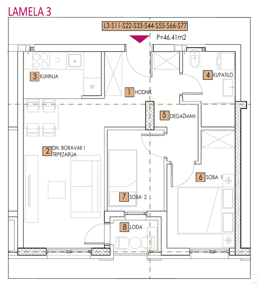 Tlocrt stana, objekat Elena, Lamela 3, tip 11, 46,40 m²