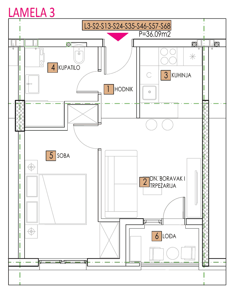 Tlocrt stana, objekat Elena, Lamela 3, tip 2, 36,09 m²