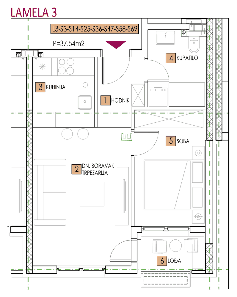 Tlocrt stana, objekat Elena, Lamela 3, tip 3, 37,54 m²
