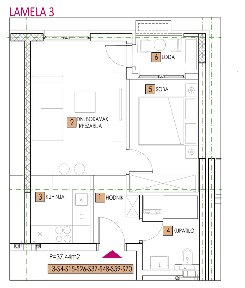 Tlocrt stana, objekat Elena, Lamela 3, tip 4, 37,44 m²