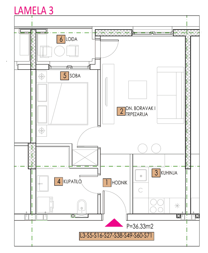 Tlocrt stana, objekat Elena, Lamela 3, tip 5, 36,33 m²