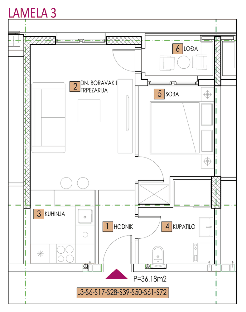 Tlocrt stana, objekat Elena, Lamela 3, tip 6, 36,18 m²