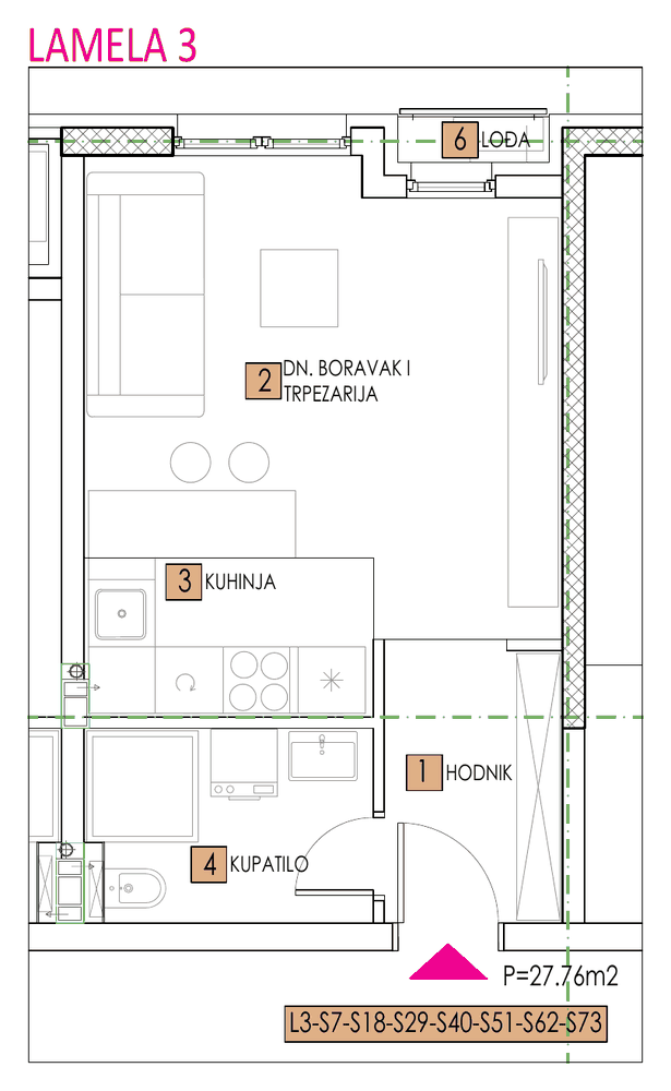 Tlocrt stana, objekat Elena, Lamela 3, tip 7, 27,76 m²