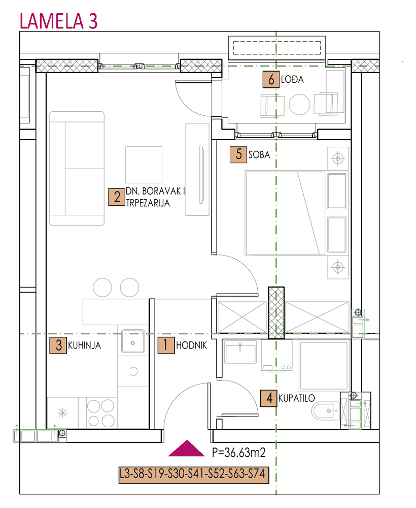 Tlocrt stana, objekat Elena, Lamela 3, tip 8, 36,63 m²