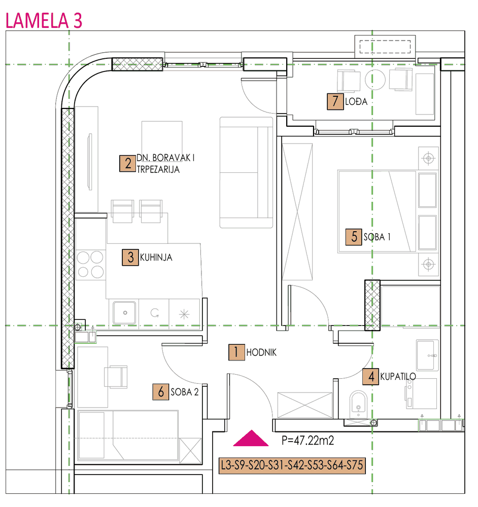 Tlocrt stana, objekat Elena, Lamela 3, tip 9, 47,23 m²