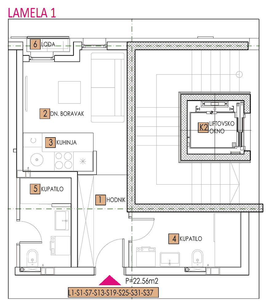 Tlocrt stana, objekat Sara, Lamela 1, tip 1, 22,56 m²