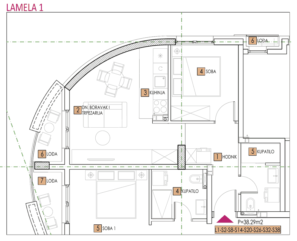 Tlocrt stana, objekat Sara, Lamela 1, tip 2, 38,29 m²