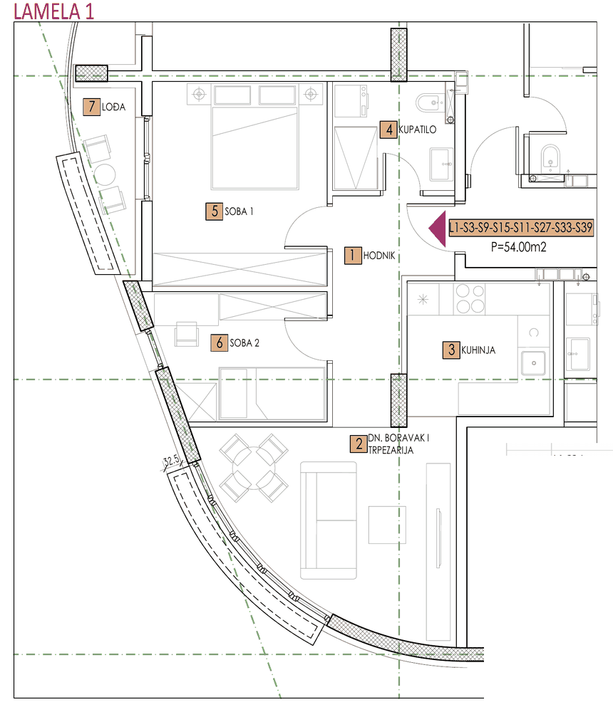 Tlocrt stana, objekat Sara, Lamela 1, tip 3, 54,00 m²