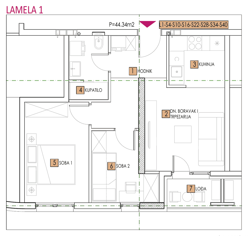 Tlocrt stana, objekat Sara, Lamela 1, tip 4, 44,16 m²
