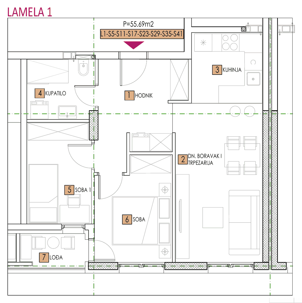 Tlocrt stana, objekat Sara, Lamela 1, tip 5, 52,79 m²