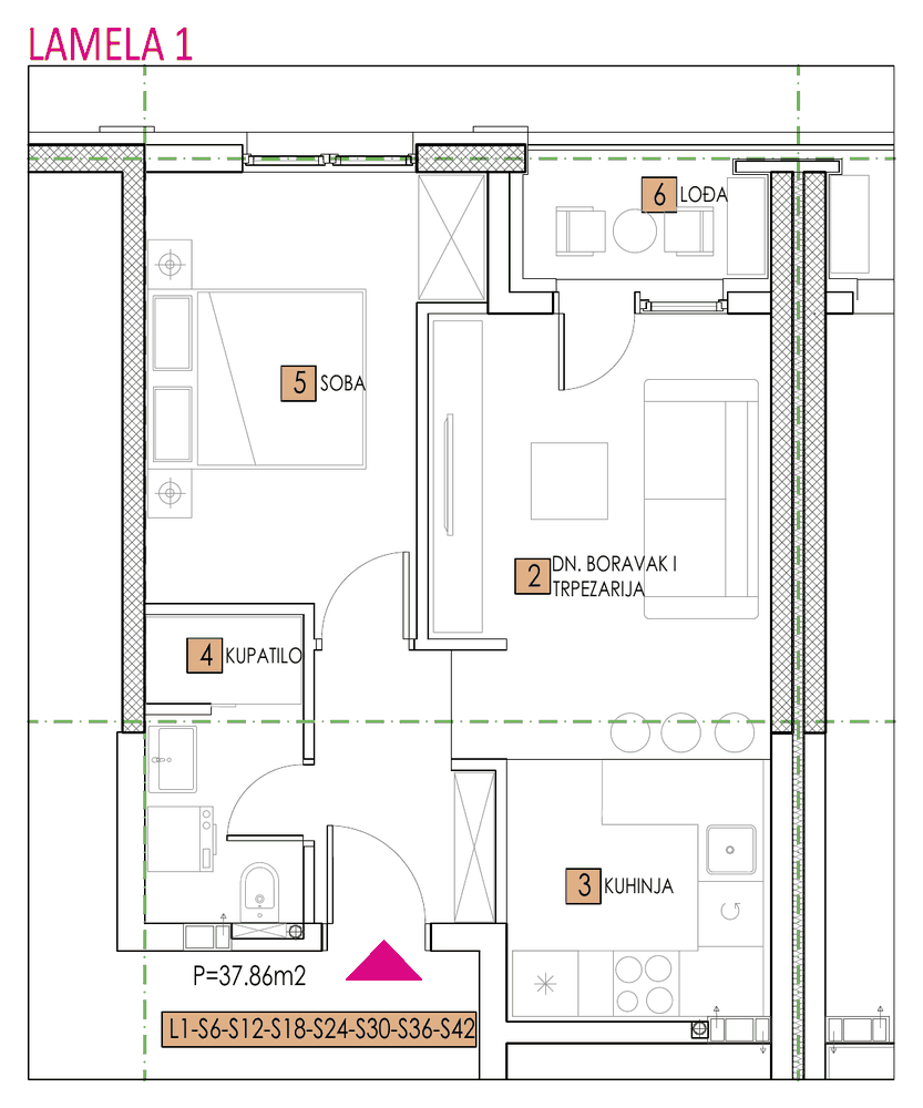 Tlocrt stana, objekat Sara, Lamela 1, tip 6, 37,86 m²