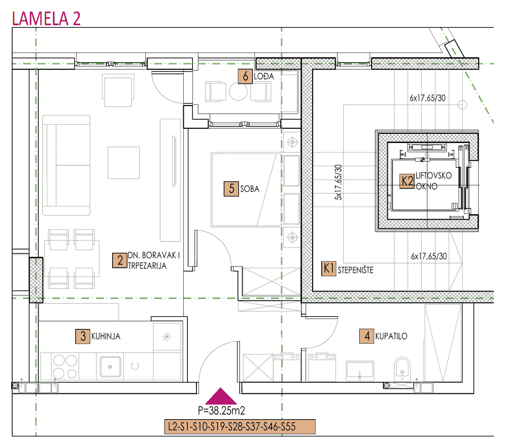 Tlocrt stana, objekat Sara, Lamela 2, tip 1, 38,26 m²