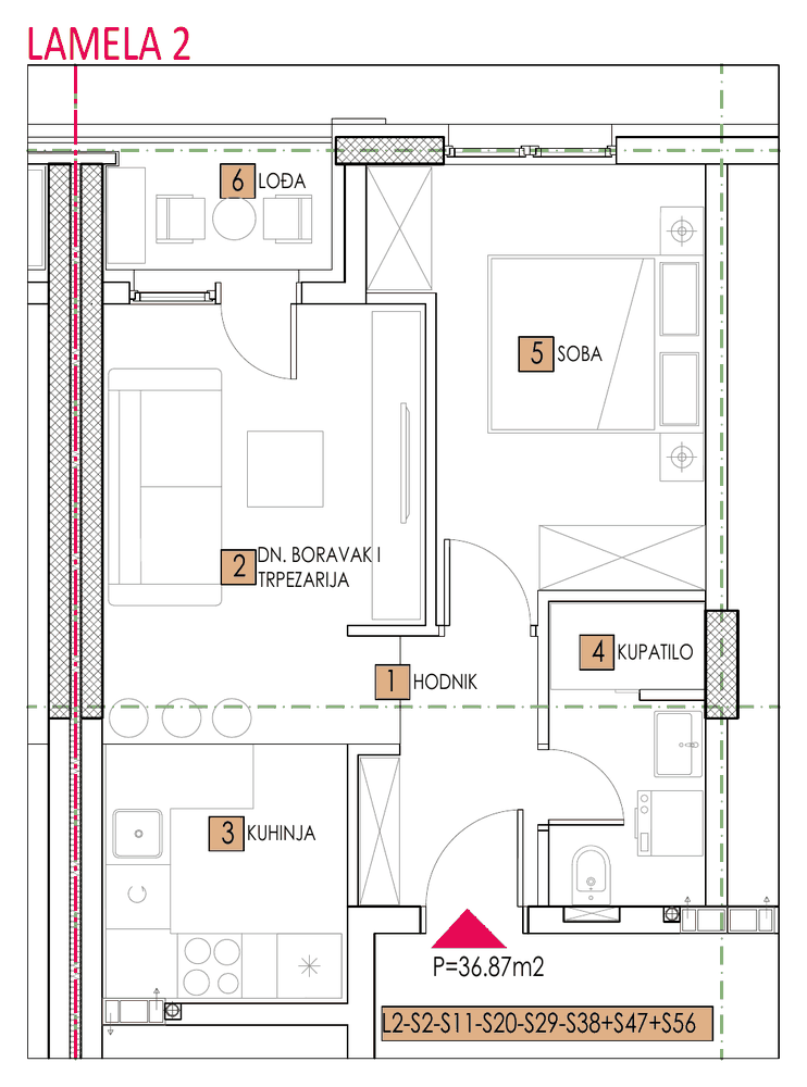 Tlocrt stana, objekat Sara, Lamela 2, tip 2, 36,87 m²