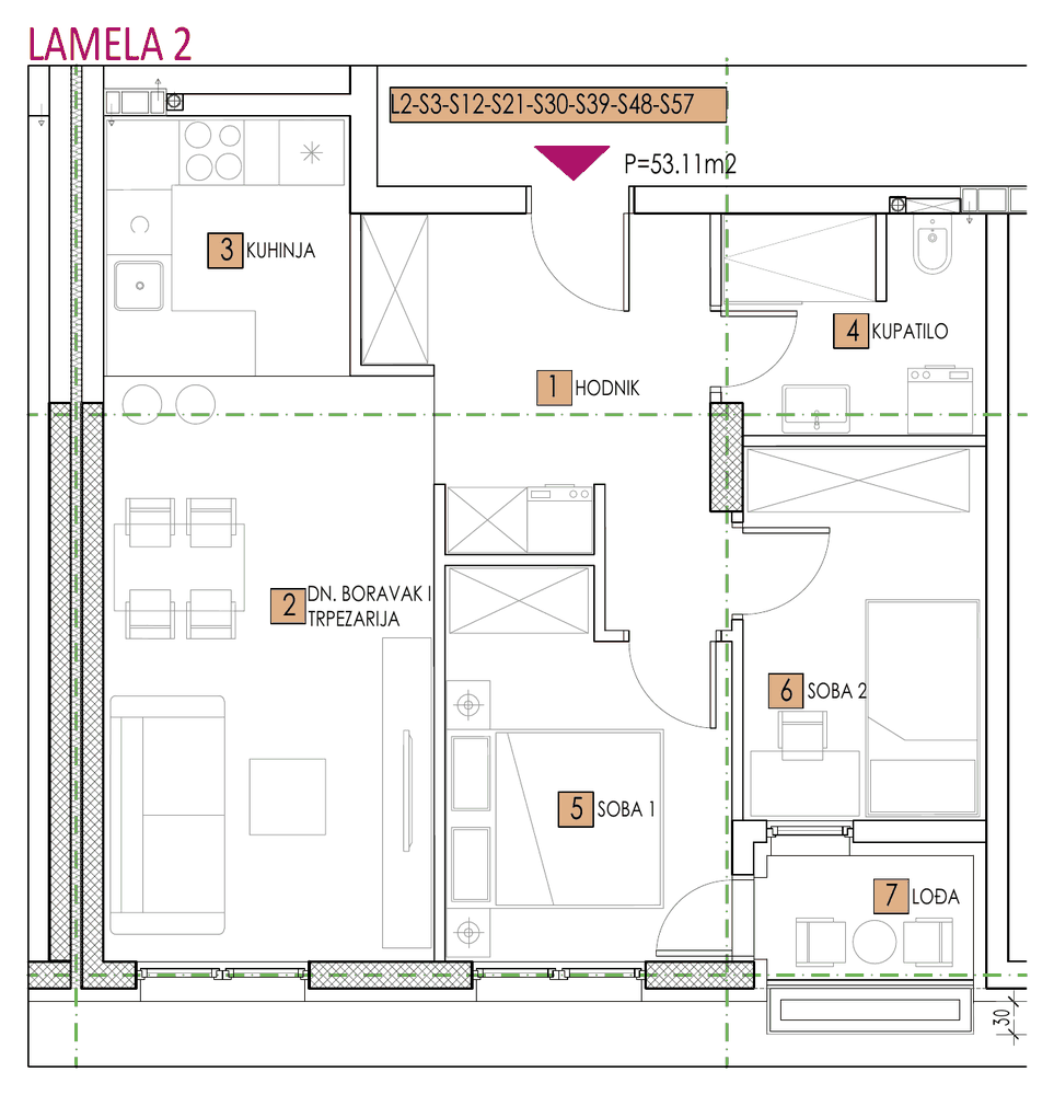 Tlocrt stana, objekat Sara, Lamela 2, tip 3, 53,12 m²