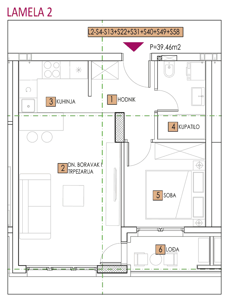 Tlocrt stana, objekat Sara, Lamela 2, tip 4, 39,47 m²