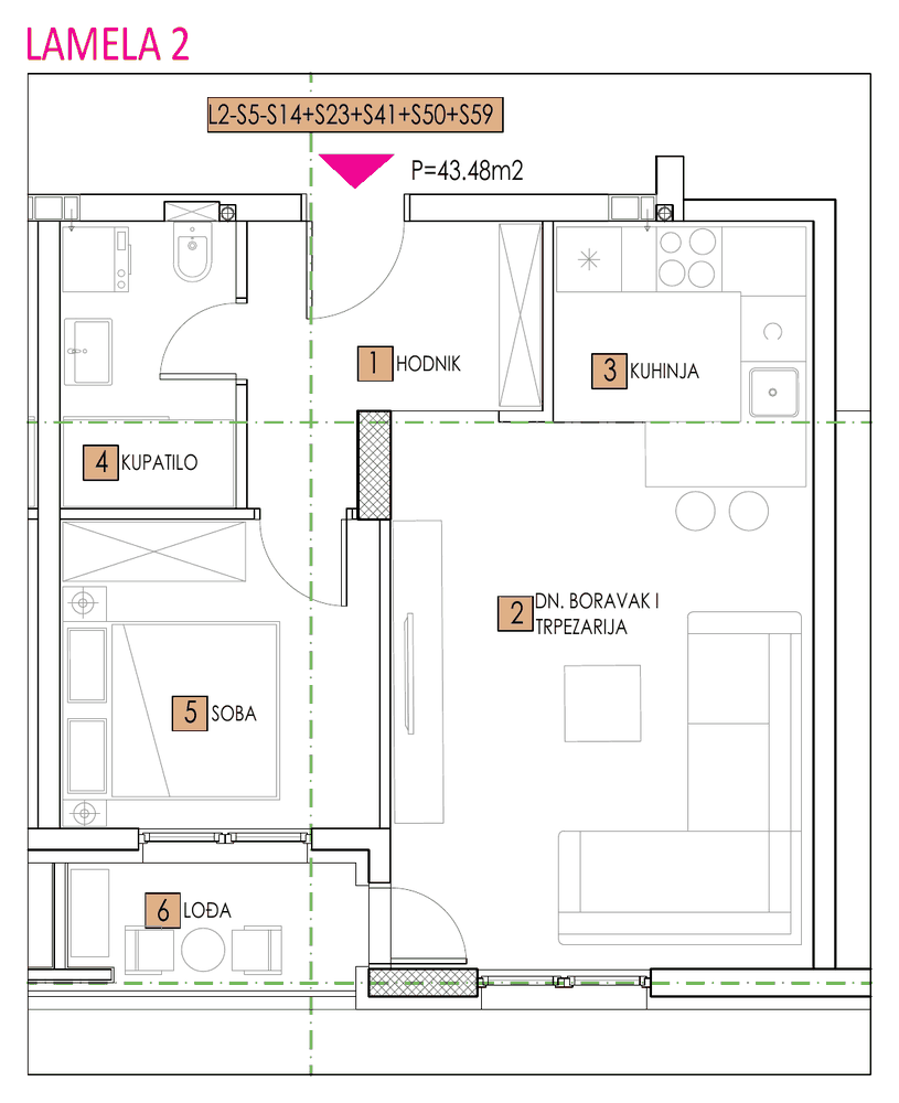 Tlocrt stana, objekat Sara, Lamela 2, tip 5, 43,49 m²