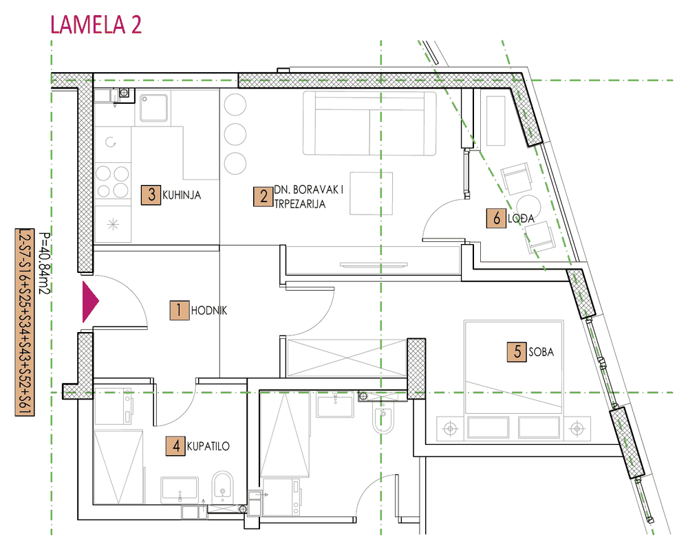 Tlocrt stana, objekat Sara, Lamela 2, tip 7, 40,85 m²