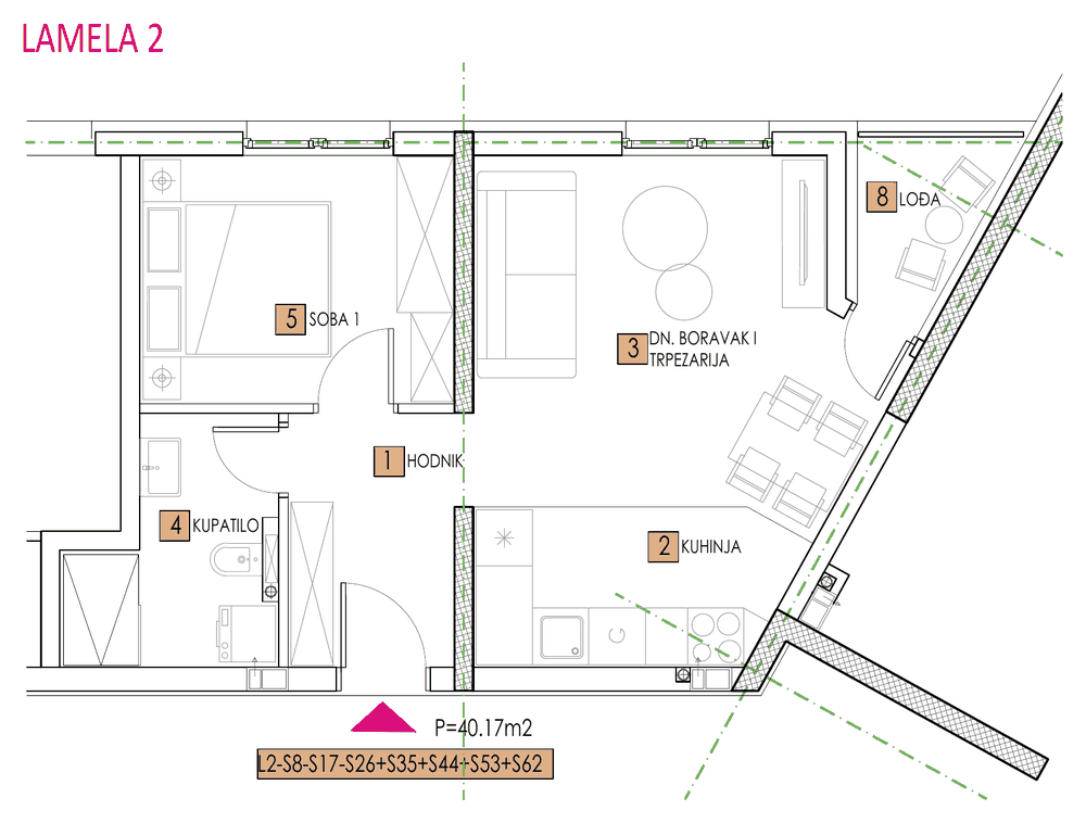 Tlocrt stana, objekat Sara, Lamela 2, tip 8, 40,17 m²