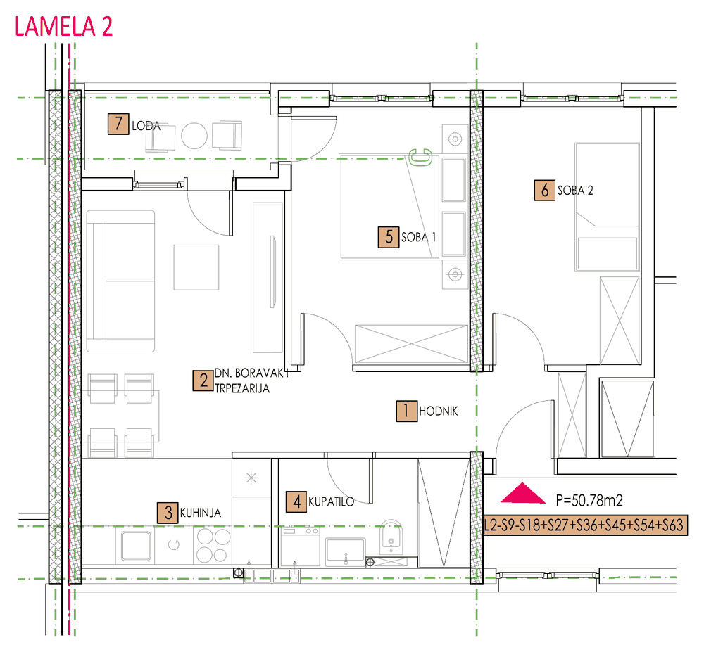 Tlocrt stana, objekat Sara, Lamela 2, tip 9, 50,78 m²